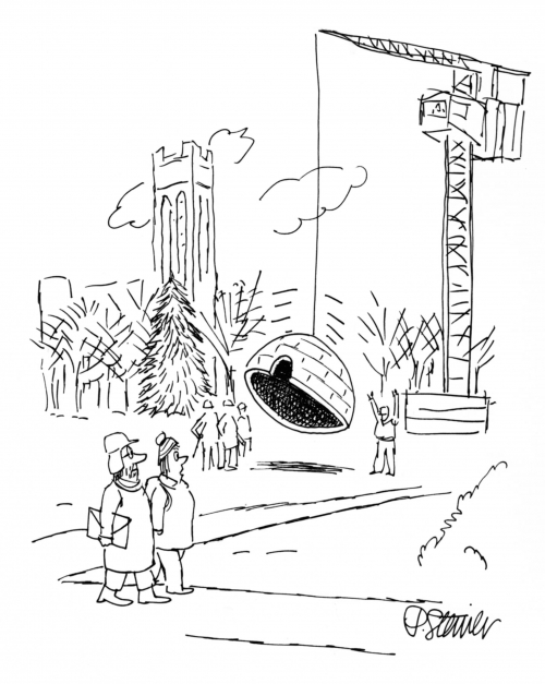A cartoon of an igloo being dropped by a crane onto Swarthmore's campus